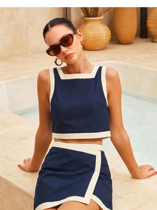 Commense Dresses & Skirts - Cotton Contrast Trim Two Piece Skirt Set